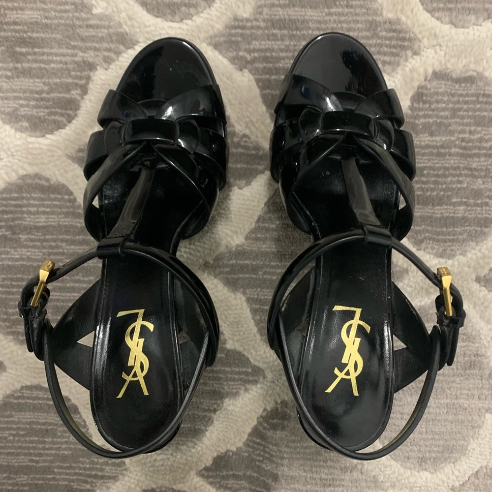 Saint Laurent Tribute T-Strap platform sandal  7.5/37.5 Black patent leather